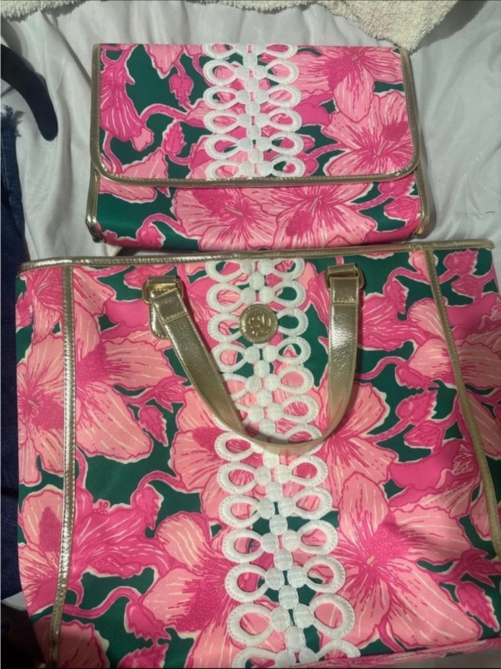Lilly Pulitzer Pink & Green Floral Tote with Gold Accents and Matching Clutch